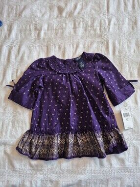 Chaps girls 3T blouse purple & gold 3/4 sleeve tear drop back closure NEW